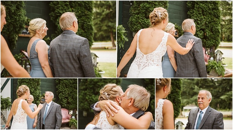 Snohomish & seattle wedding photographer | gsquared weddings photography at a summer barn at holly farm wedding a bride in a white dress shares an emotional first look with her father outdoors they smile embrace and react with joy and surprise amid greenery and rustic decor | wedding photo by gsquared weddings