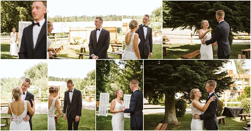 Snohomish & seattle wedding photographer | gsquared weddings photography a bride and groom share a joyful first look outdoors during their a summer barn at holly farm wedding exchanging smiles and laughter amid greenery wooden benches and warm sunlight in candid wedding day photos | wedding photo by gsquared weddings