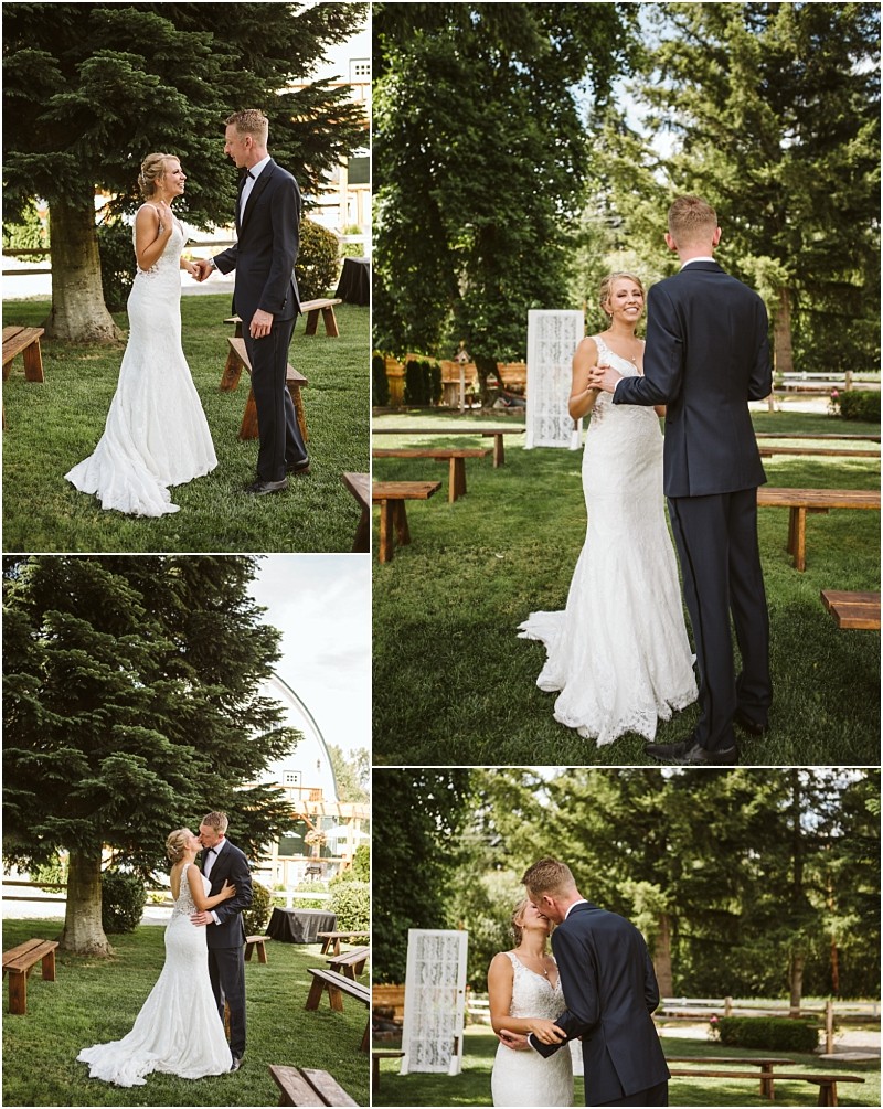 Snohomish & seattle wedding photographer | gsquared weddings photography a bride and groom share joyful moments together outdoors at a summer barn at holly farm wedding smiling embracing and holding hands on a grassy lawn surrounded by trees both wear wedding attire | wedding photo by gsquared weddings