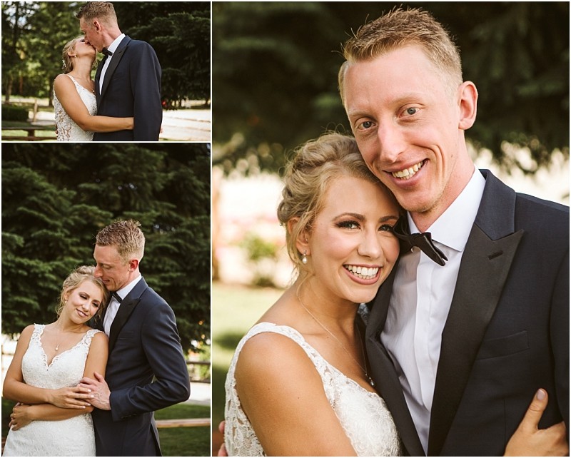 Snohomish & seattle wedding photographer | gsquared weddings photography a collage of three wedding photos shows a smiling bride and groom in formal attire embracing outdoors at a summer barn at holly farm wedding looking happy and in love with trees in the background | wedding photo by gsquared weddings