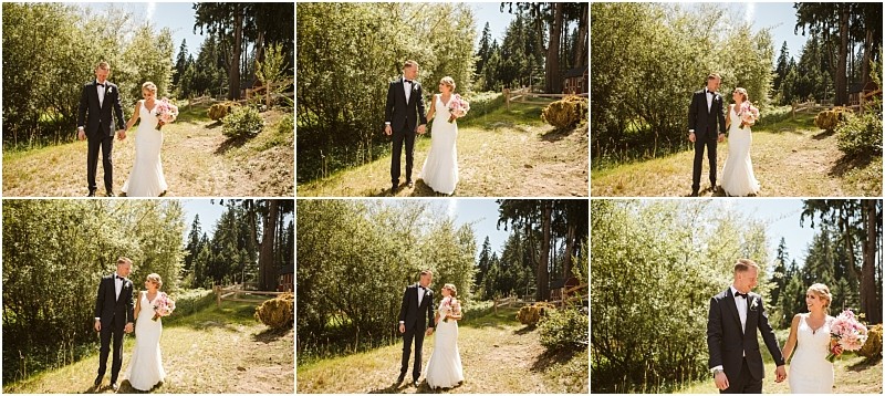 A bride and groom stand outdoors on a sunny day in a wooded snohomish area holding hands and smiling at each other The collage shows them in slightly different poses surrounded by tall trees and lush greenery Snohomish wedding photography