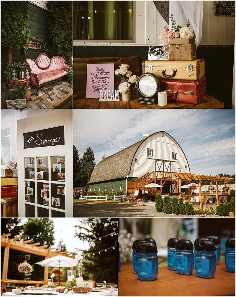 A collage of rustic wedding decor in snohomish a pink vintage sofa a display with suitcases and flowers a memory board a white barn venue outdoor tables and blue hand sanitizer bottles as favors Snohomish wedding photography