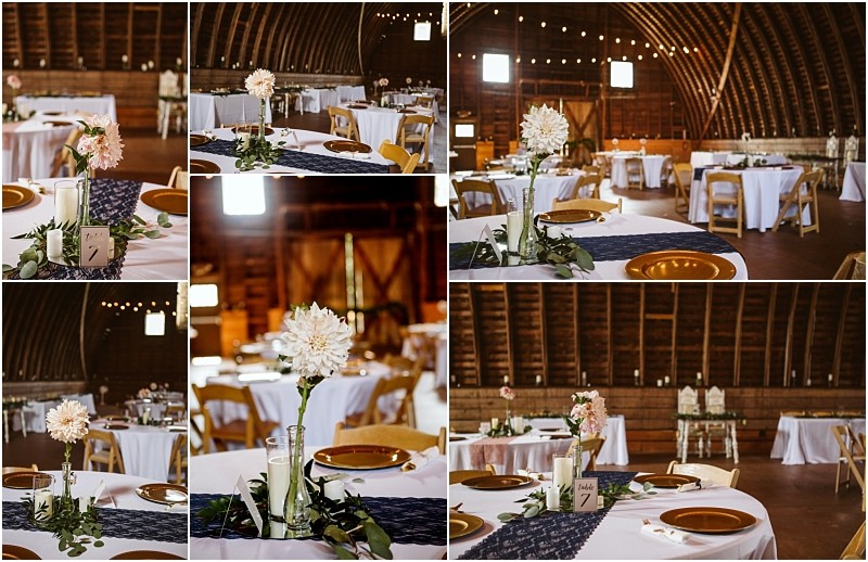 Collage of rustic snohomish wedding reception decor in a barn featuring round tables with white tablecloths gold plates single flower centerpieces in vases candles table numbers and string lights hanging from the wooden rafters Snohomish wedding photography