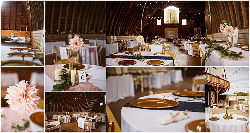 Collage of rustic wedding reception decor in a snohomish barn featuring round tables with gold place settings pink dahlias candles greenery and string lights overhead creating a warm elegant atmosphere Snohomish wedding photography