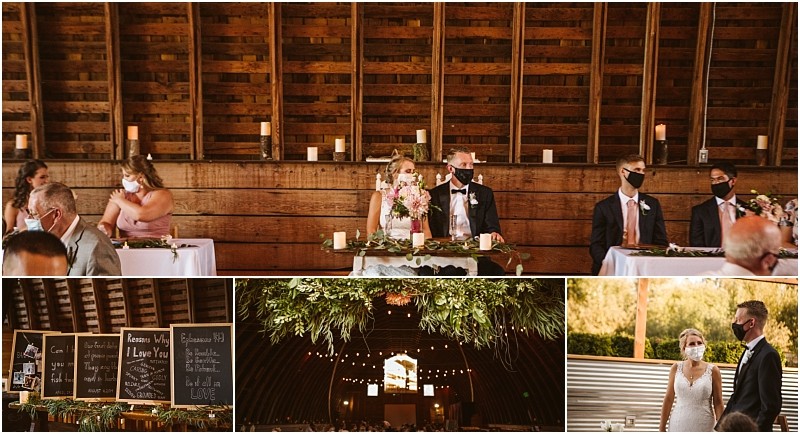 A wedding reception inside a rustic snohomish barn with guests and wedding party wearing face masks decorated tables chalkboard signs and a couple standing together outside Snohomish wedding photography