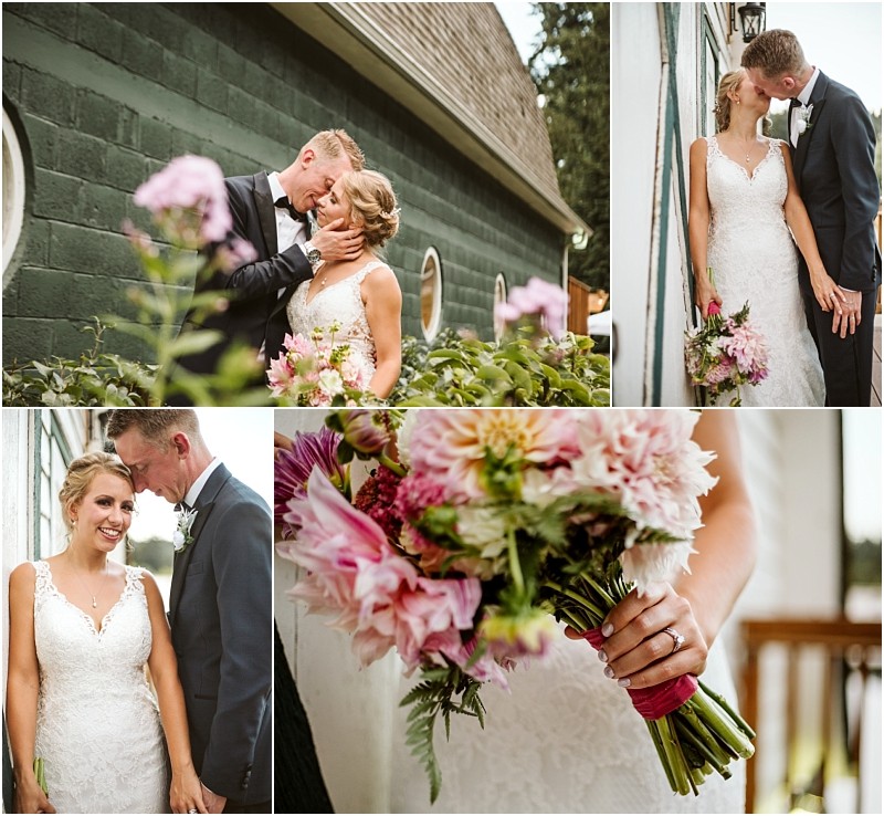 A collage of wedding photos shows a bride in a lace gown holding a pink floral bouquet and a groom in a suit They smile embrace and share a kiss outdoors near a green building and white wall in snohomish Snohomish wedding photography