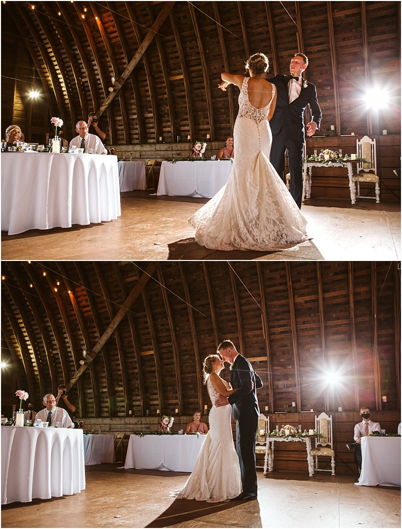 Two images of a bride and groom on a wooden dance floor inside a rustic snohomish barn In the first the bride points while the groom holds her In the second they embrace and dance beneath bright lights with guests seated around them Snohomish wedding photography