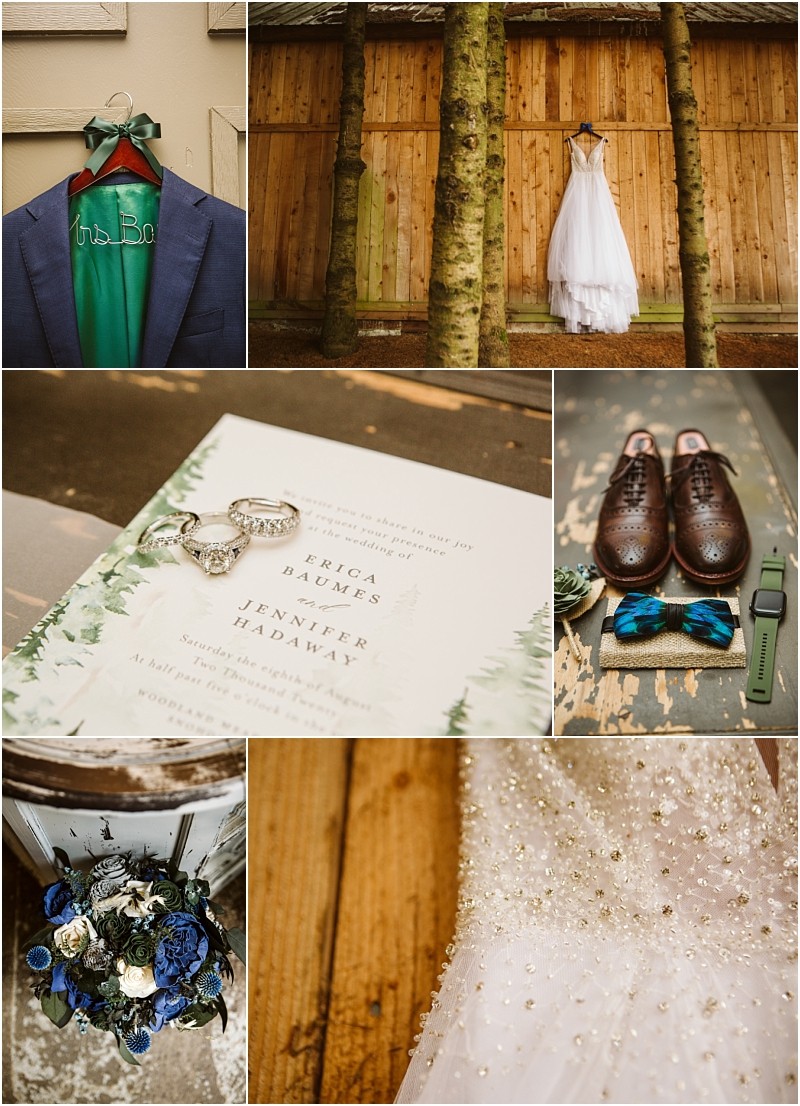 A collage of snohomish wedding items a suit with a green lining a white wedding dress hanging on trees rings on an invitation brown shoes with blue bow ties and a green watch a blue and white bouquet and a close up of a beaded dress Snohomish wedding photography