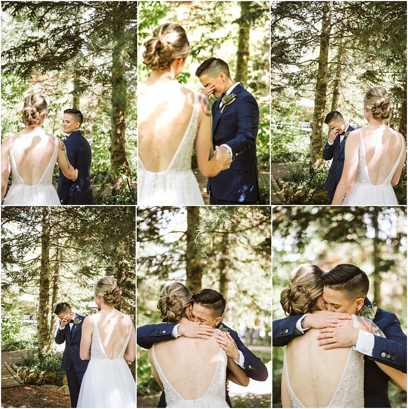 A collage of six photos shows an emotional first look between a bride in a sleeveless white dress and a groom in a navy suit They appear happy and tearful ending in a warm embrace among snohomishs beautiful outdoor trees Snohomish wedding photography