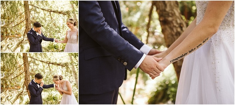 Three photos of a bride and groom outdoors in snohomish the groom appears emotional wiping his eyes and the couple holds hands showing the brides tattooed arm in her wedding dress and his suit with trees in the background Snohomish wedding photography