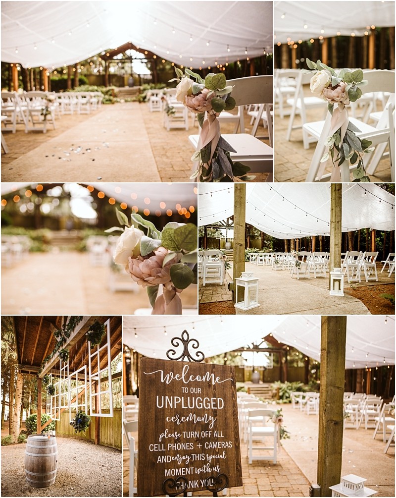 Collage of a rustic snohomish outdoor wedding setup under a white tent with string lights white chairs floral decorations and a wooden sign asking guests to turn off phones and cameras for an unplugged ceremony Snohomish wedding photography