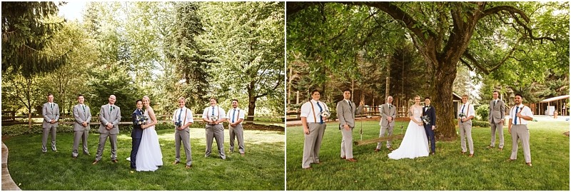 A bride and groom stand with their bridal party outdoors on a sunny day in snohomish surrounded by green trees and grass The group dressed in formal attire with groomsmen in suspenders and suits poses and smiles for photos Snohomish wedding photography