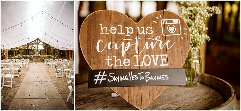 A snohomish wedding venue with white chairs arranged under a clear tent and a heart shaped wooden sign that reads help us capture the love sayingyestobraunies placed on a table with babys breath flowers Snohomish wedding photography