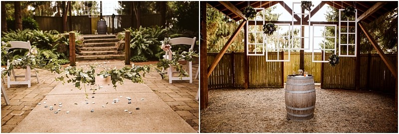 Two wedding ceremony setups left outdoor aisle in snohomish with white chairs greenery flower petals and stone steps right rustic barn with a wine barrel altar and hanging white window frames adorned with greenery Snohomish wedding photography