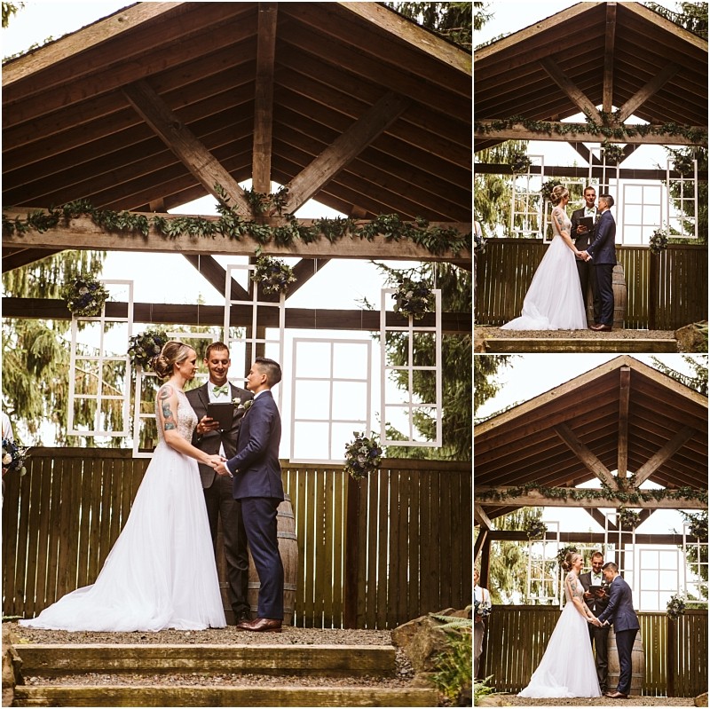 Three photos of a bride and groom holding hands and exchanging vows in an outdoor wooden pavilion in snohomish with an officiant between them surrounded by lush greenery and rustic decor Snohomish wedding photography