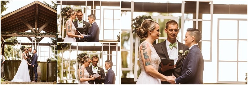 A collage of three images shows a snohomish wedding ceremony outdoors Two people stand facing each other holding hands exchanging vows and smiling with an officiant beside them under a wooden structure and window frame decor Snohomish wedding photography