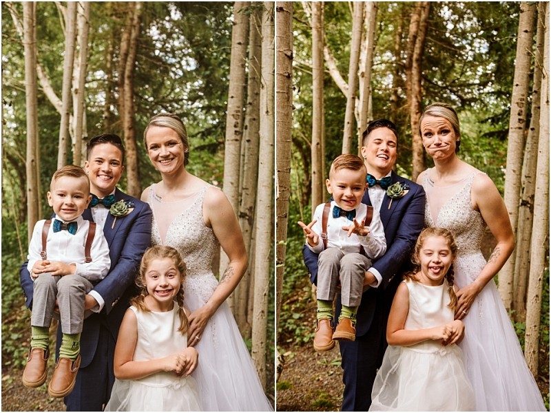 Two wedding photos side by side show a happy couple in wedding attire with two children in a wooded snohomish area The group smiles warmly in the first photo and makes funny faces together in the second Snohomish wedding photography