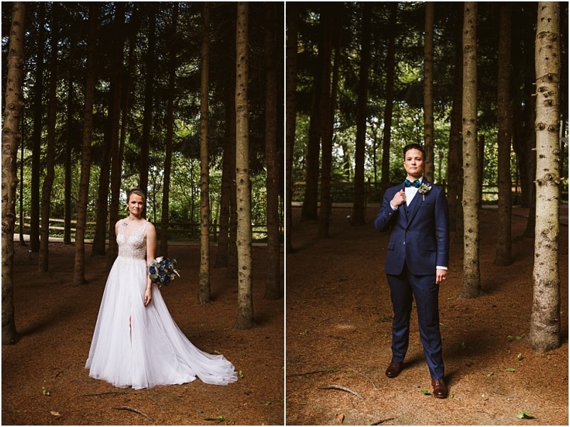 Split image of a bride in a white dress holding a bouquet and a groom in a navy suit standing separately among tall trees in a wooded snohomish area Snohomish wedding photography