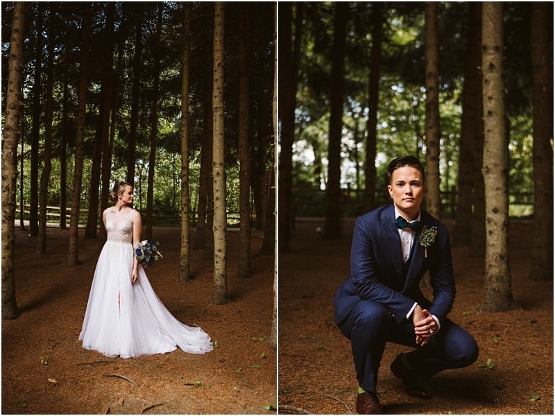 Split image of a bride in a white gown holding a bouquet among pine trees on the left and a groom in a blue suit crouching among the trees on the right both in an enchanting snohomish forest setting Snohomish wedding photography