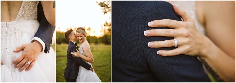 Three wedding photos a close up of hands with a ring on the brides finger the bride and groom embracing outdoors at sunset in snohomish and a close up of the brides hand on the grooms shoulder showing her engagement ring Snohomish wedding photography