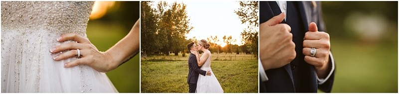 A collage of three wedding photos in snohomish a close up of a brides hand with a ring on her dress a couple embracing outdoors at sunset and the groom adjusting his suit with a ring on his finger Snohomish wedding photography