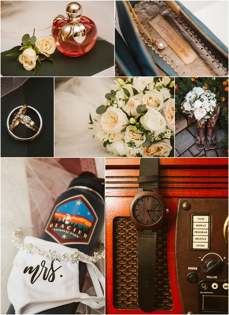 A collage of wedding details in snohomish perfume with roses shoe with your kisses are magic label ring on leaves white rose bouquet with boots beer can with mrs Mask black watch and vintage radio Snohomish wedding photography