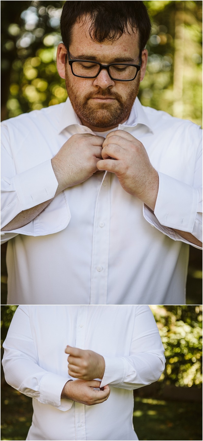 A man with glasses buttons up and adjusts his white dress shirt outdoors in snohomish surrounded by greenery and sunlight in the background Snohomish wedding photography