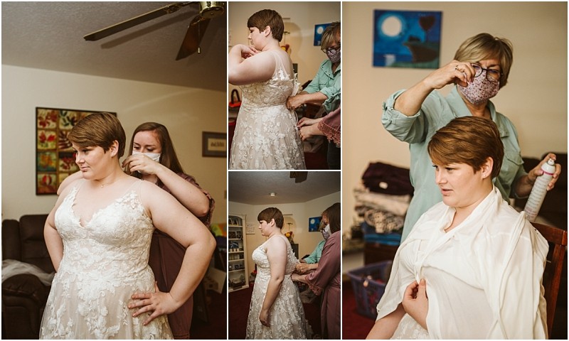A collage of photos shows a bride getting ready in snohomish two women help her into a lace wedding dress and another image shows a woman spraying her hair while she sits wearing a white shirt Snohomish wedding photography