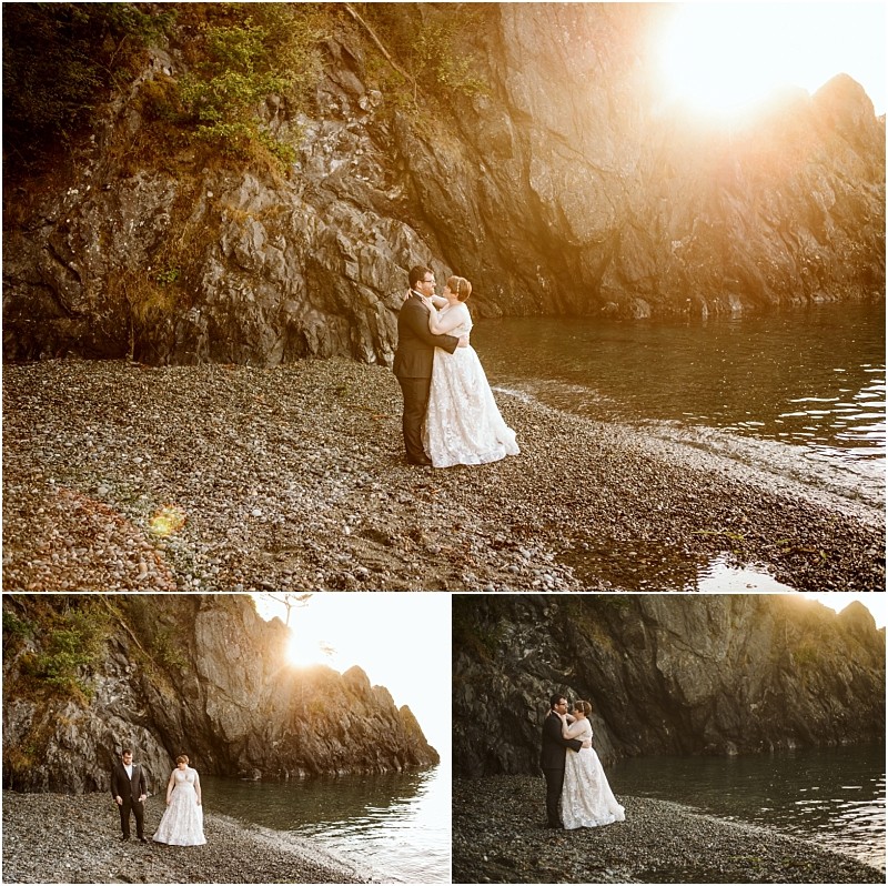 A bride and groom embrace on a rocky snohomish beach at sunset surrounded by towering cliffs and calm water The sunlight creates a warm golden glow in the background Three photos show different angles of the couple on the shore Snohomish wedding photography