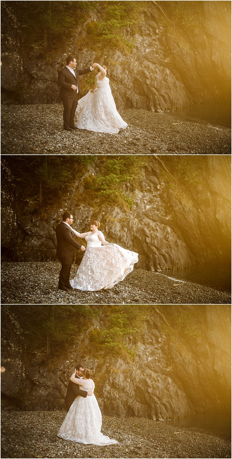 Three photos of a couple in wedding attire by rocky snohomish cliffs the bride twirls in her dress the groom watches and in the last image they embrace under warm golden sunlight Snohomish wedding photography