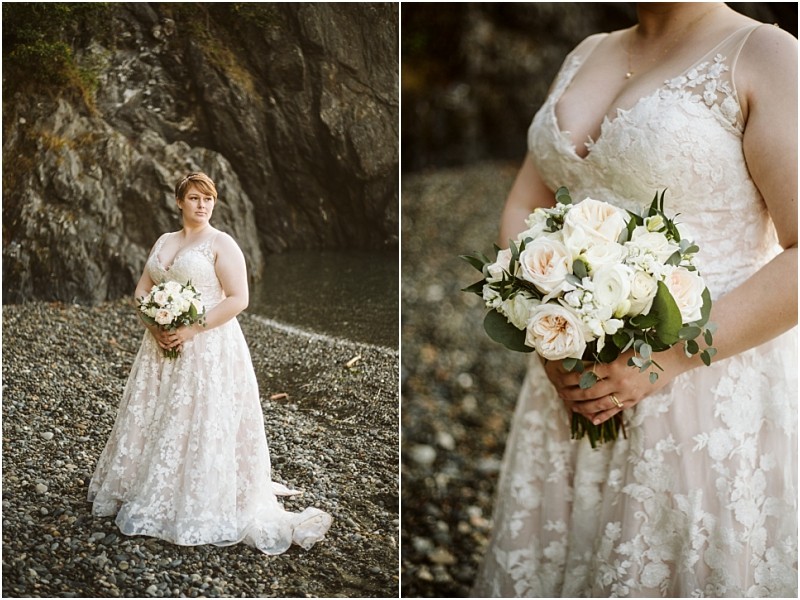A bride in a lace wedding gown stands on a rocky snohomish shore holding a bouquet of white and blush roses The left image shows her full pose while the right image is a close up of the bouquet and dress details Snohomish wedding photography