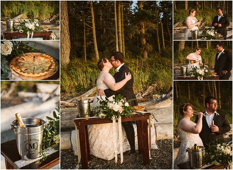 A bride and groom in wedding attire share a kiss cut a pie and feed each other during an outdoor ceremony in a snohomish forest Details include a pie champagne bucket bouquet and rustic wooden table Snohomish wedding photography