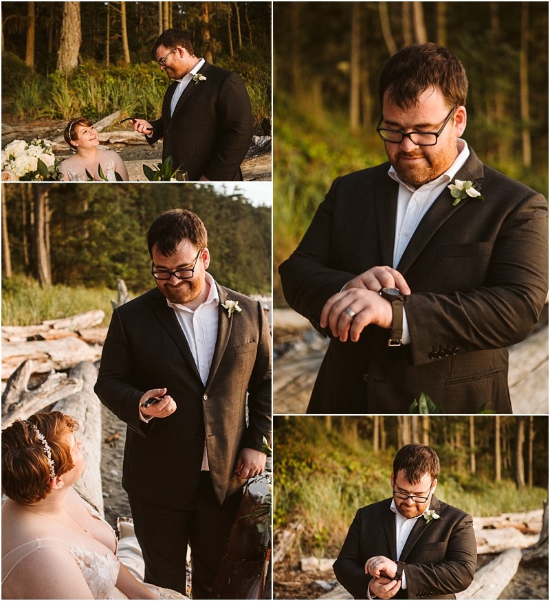 A man in a black suit stands outdoors on a snohomish beach exchanging vows with a woman in a white dress He reads from a paper checks his watch and both appear emotional during the sunset ceremony Snohomish wedding photography