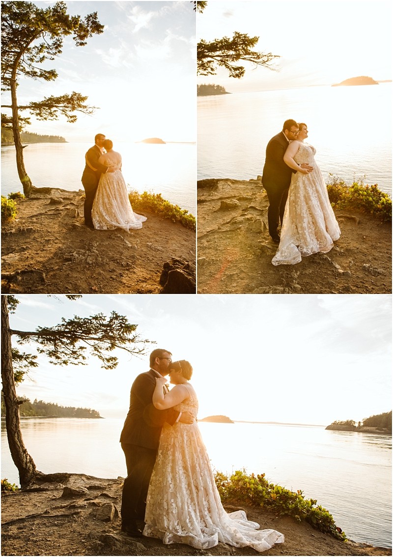 Three photos of a couple in wedding attire embracing and kissing on a rocky cliff overlooking a calm snohomish lake at sunset with islands and trees in the background and golden sunlight illuminating the scene Snohomish wedding photography