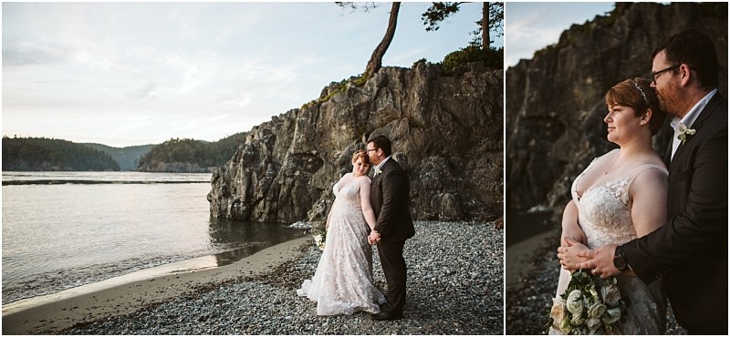 A bride and groom stand together on a rocky snohomish beach by the water embracing and gazing into the distance Inset shows a close up of them holding hands with the bride holding a bouquet Rocky cliffs rise behind them Snohomish wedding photography