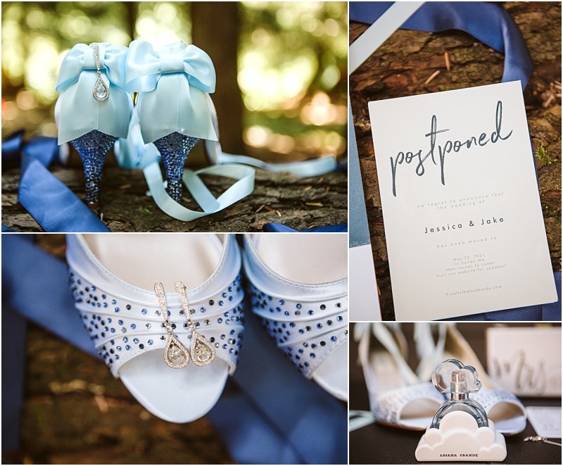 Collage of wedding details in snohomish featuring blue high heels with bows jeweled earrings light blue ribbon a postponed wedding invitation rhinestone adorned shoes and a bottle of perfume Snohomish wedding photography