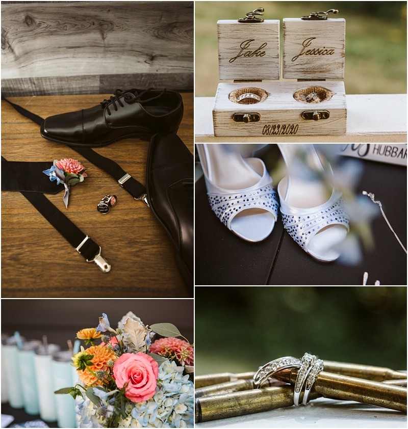 A collage of snohomish wedding details black dress shoes and suspenders a wooden ring box labeled jake and jessica blue and white bridal shoes a colorful bouquet and close up of wedding rings on gold rods Snohomish wedding photography