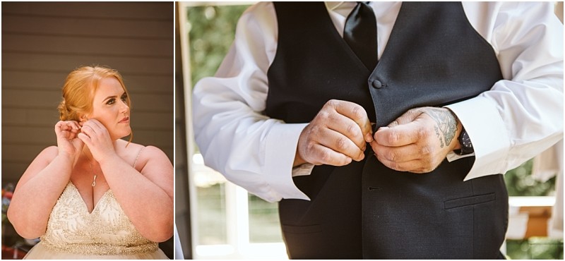 A bride with blonde hair puts on earrings wearing a lace wedding dress Next to her a person in a black vest and white shirt fastens a buttonboth preparing for their snohomish wedding Snohomish wedding photography