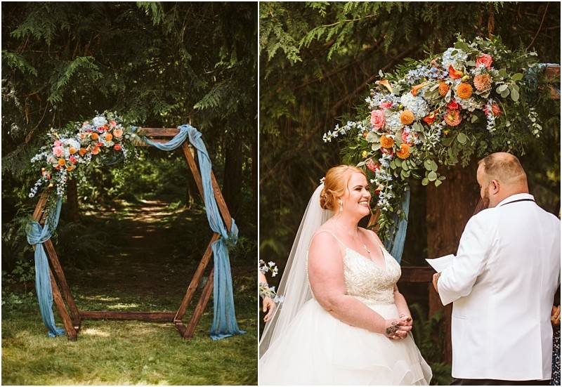 Split image left shows a rustic wooden hexagonal wedding arch in snohomish draped with blue fabric and topped with colorful flowers right shows a smiling bride and groom exchanging vows beneath the floral arch outdoors Snohomish wedding photography