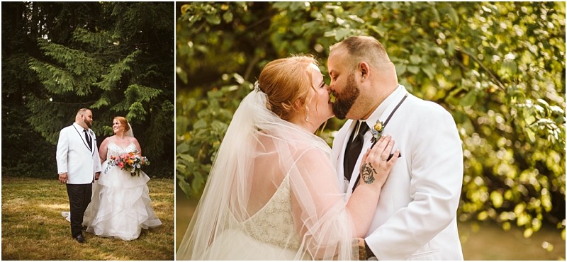 A bride and groom outdoors in snohomish in one image they walk hand in hand on grass smiling at each other and in the other they share an intimate kiss under leafy trees Both wear white attire Snohomish wedding photography