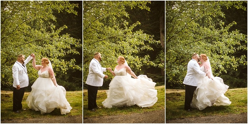 Three panel photo of a bride and groom outdoors in snohomish The groom in a white jacket twirls the bride who wears a voluminous white dress beneath green trees They smile and embrace in a sunlit natural setting Snohomish wedding photography