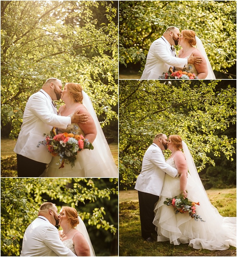 A collage of five photos shows a bride and groom kissing and holding each other outdoors in snohomish surrounded by greenery The bride wears a white dress and veil the groom a white jacket Both look joyful and in love Snohomish wedding photography