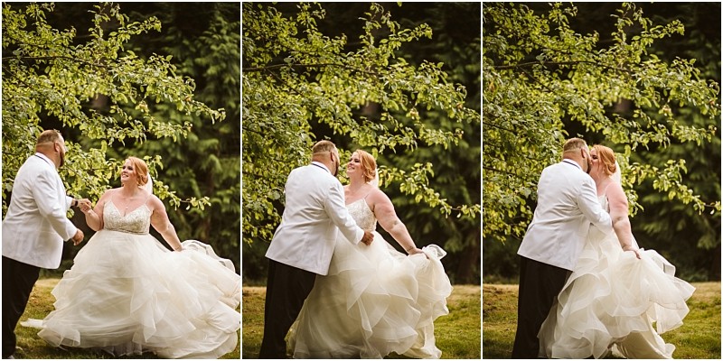 A bride in a flowing white gown and a groom in a white jacket dance joyfully outdoors amid snohomishs green trees smiling and laughing together in a series of three photos Snohomish wedding photography