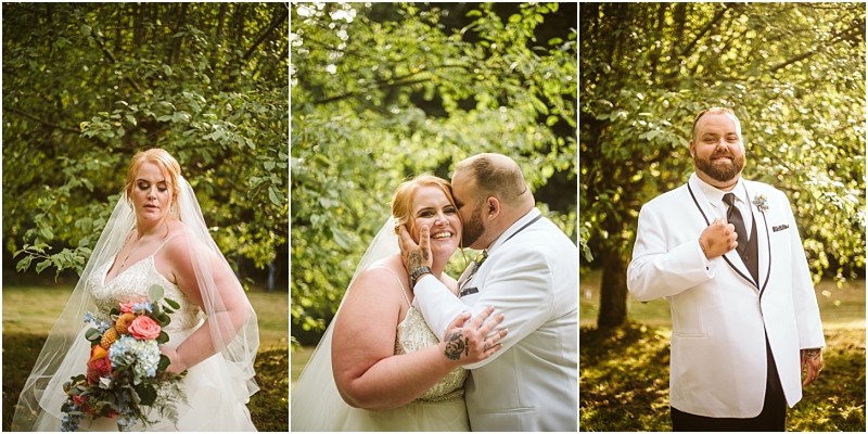 A collage of three wedding photos in scenic snohomish a bride with a bouquet and veil the couple smiling as the groom kisses her cheek and the groom in a white jacket adjusting his cufflink All photos are outdoors with lush greenery Snohomish wedding photography