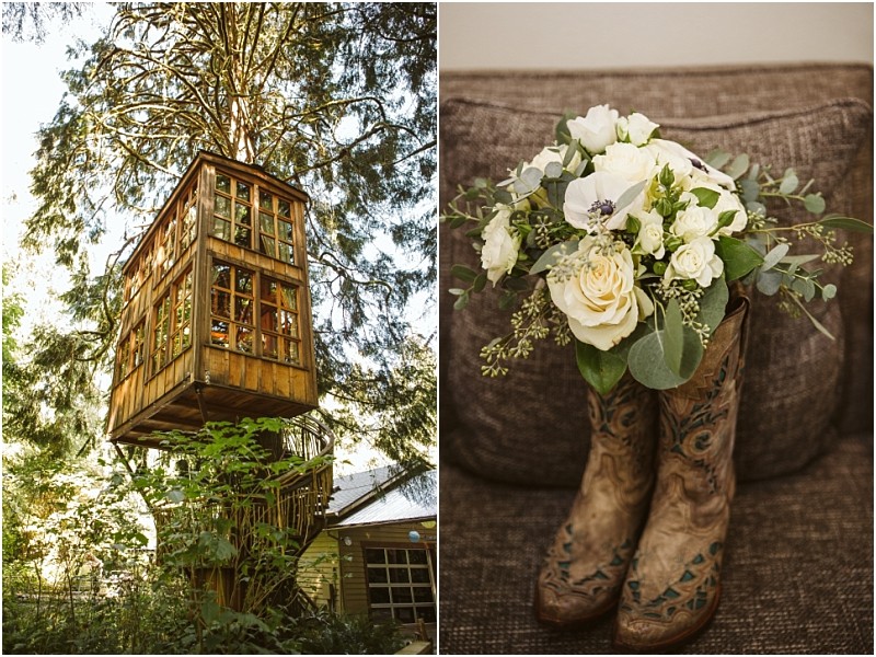 A rustic treehouse built among tall trees is shown on the left on the right a bouquet of white flowers and greenery is arranged in worn cowboy boots resting on a brown sofacapturing the charming spirit of snohomish Snohomish wedding photography