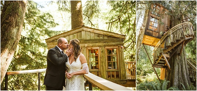 A groom kisses his bride on the forehead on a wooden deck surrounded by trees in snohomish with a rustic cabin behind them to the right a treehouse with a curved staircase is nestled among tall forest trees Snohomish wedding photography