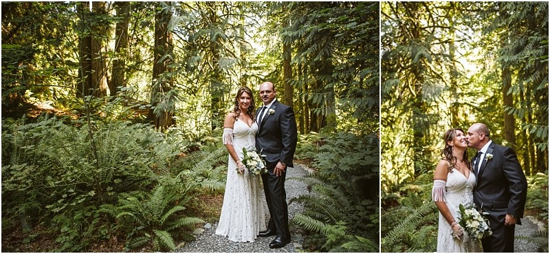 A bride and groom stand on a snohomish forest path surrounded by lush green ferns and tall trees In a second photo they share a kiss in wedding attire holding a bouquet as sunlight filters through the foliage Snohomish wedding photography