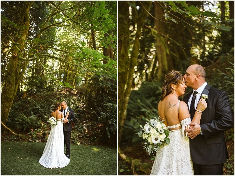 A bride in a lace dress with a bouquet and a groom in a suit stand embracing in a lush green snohomish forest In one photo they face each other closely in the other the groom kisses the brides forehead Snohomish wedding photography