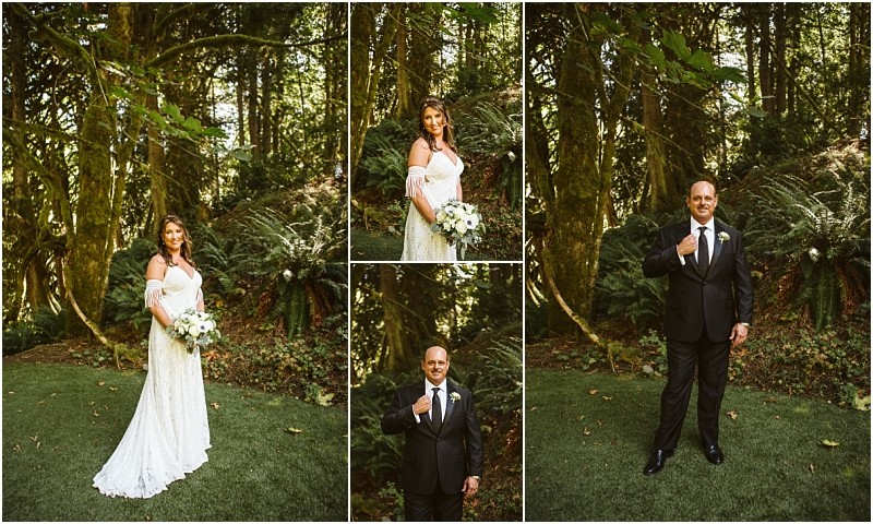 A collage of wedding portraits shows a bride in a white dress with a bouquet and a groom in a black suit both standing outdoors among lush snohomish greenery with ferns and trees creating a picturesque backdrop Snohomish wedding photography