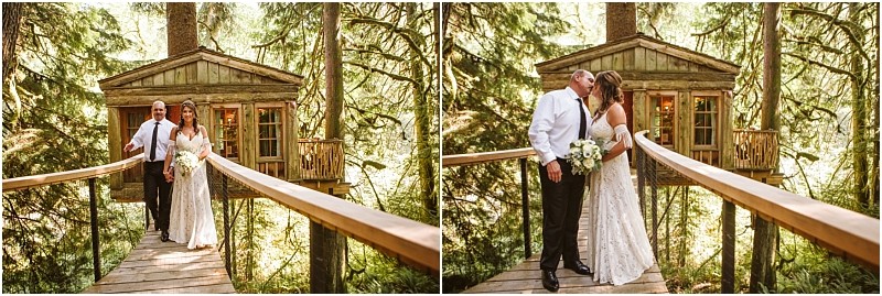 A bride and an older man stand on a wooden bridge leading to a rustic treehouse in a snohomish forest In the first image they smile at the camera in the second the man kisses the brides forehead Snohomish wedding photography